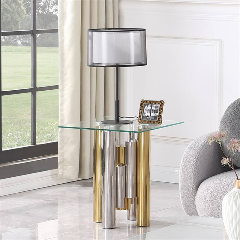 Stainless Steel Glass End Table with Clear Tempered Glass (Set of 1) - Polished Golden