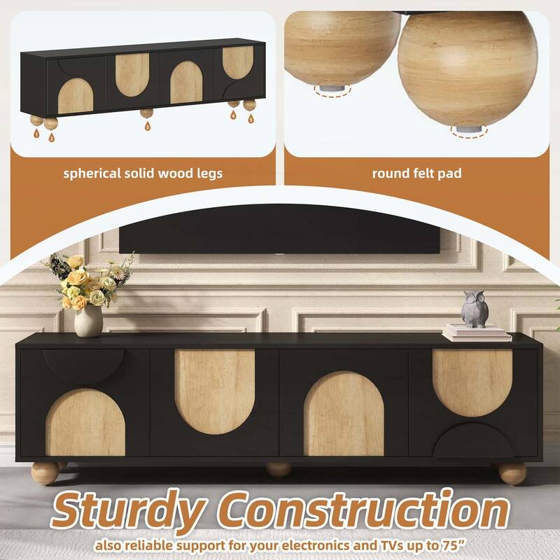 Farmhouse Media Console Table with Rebound Device,5 Solid Wood Legs