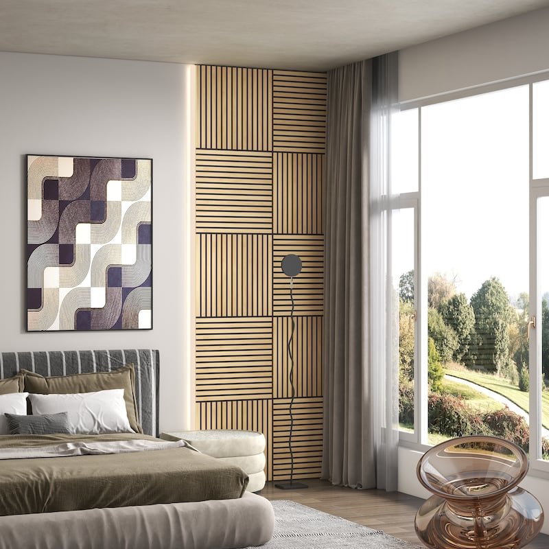 HOMCOM 4 Pack 3D Faux Wood Wall Panels, 24" x 24" Sound Absorbing Acoustic Panels, Wood Slat Wall Panels for Interior Wall Decor