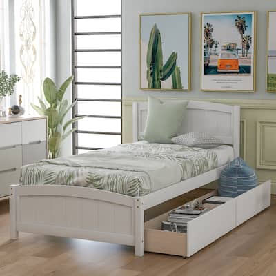 Minimalist Twin Platform Bed with Storage Drawers, Pine Wood Frame, White Finish