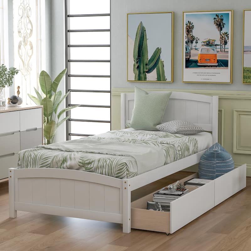 Twin Size Platform Bed with Two Drawers, White