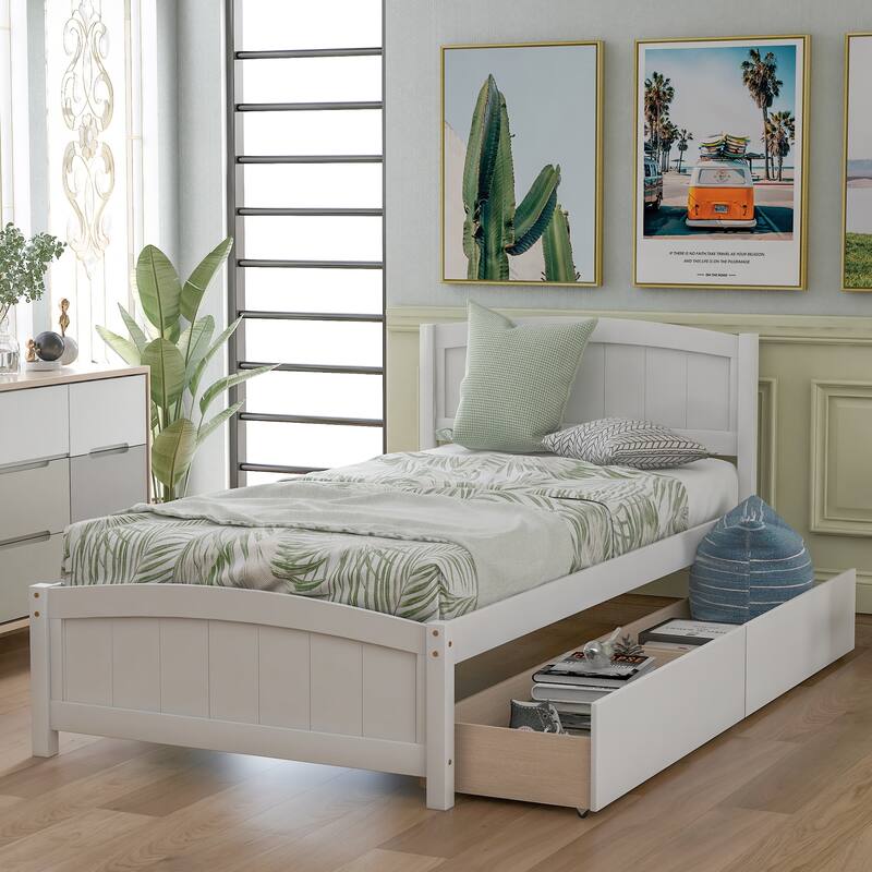 Twin Size White Platform Bed with Two Drawers, Solid Pine Wood Frame - White