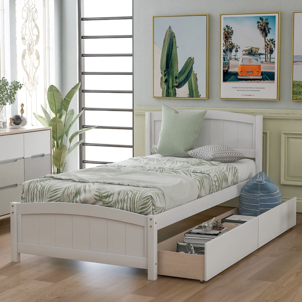 Twin Size White Platform Bed with Two Drawers, Solid Pine Wood Frame