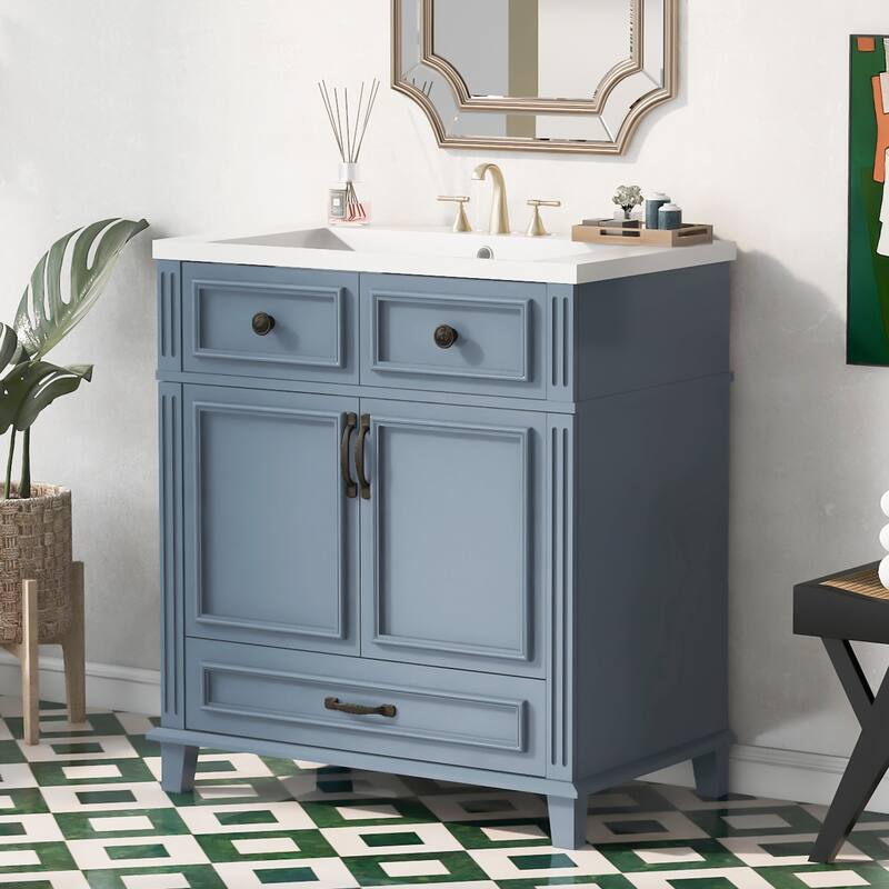 30-Inch Blue Modern Bathroom Vanity with Resin Sink, Soft-Close Doors & Multi-Purpose Storage Cabinet