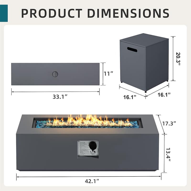 UPHA 42 Inch Outdoor Propane Fire Pit Table, 50,000 BTU Iron Rectangular Gas Fire Pits for Outside with Tank Cover and Lid