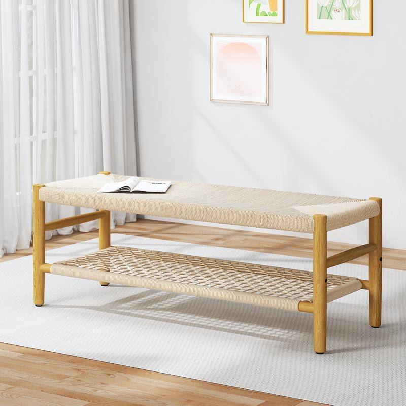 Solid Rubber Wood Entryway Shoe Bench with Hand Rope Design and Storage Shelf, Dining Bench, Boho Farmhouse Natural Shoe Rack