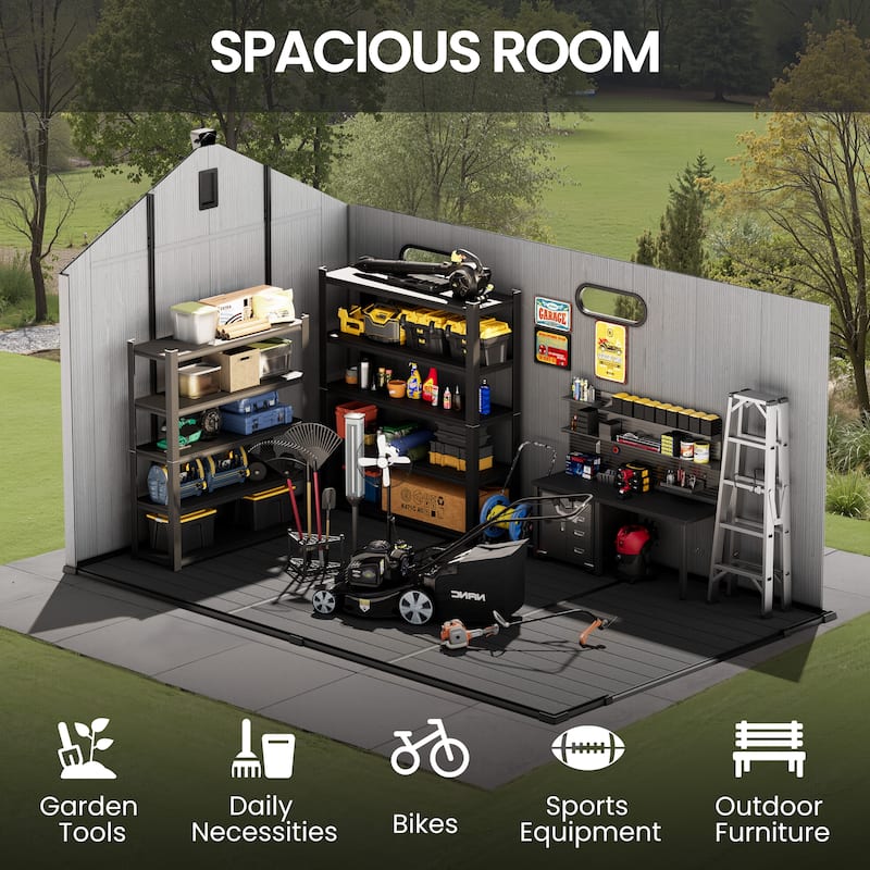 All-Weather Outdoor Storage Shed Waterproof Resin Garden Shed with Floor, Lockable Doors, Skylight for Lawn Tools & Bikes