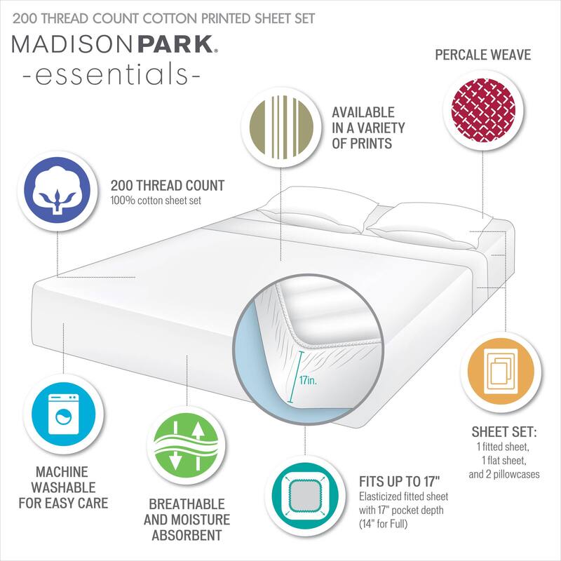 Madison Park Essentials 200 Thread Count Printed Cotton Sheet Set
