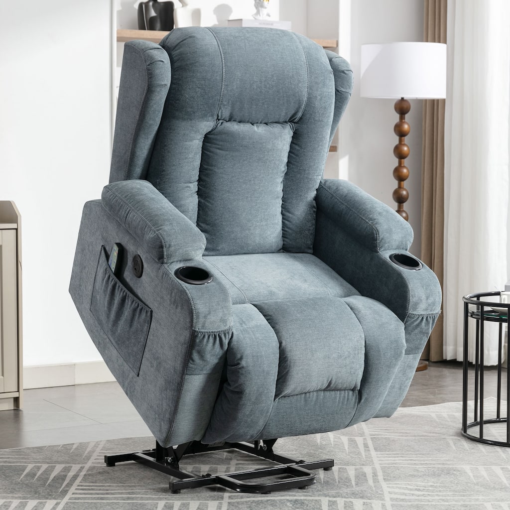 Power Lift Recliner Chair with Heat & Massage, Heavy Duty Electric Recliner with 2 Cup Holders, Side Pockets & USB Charge Port