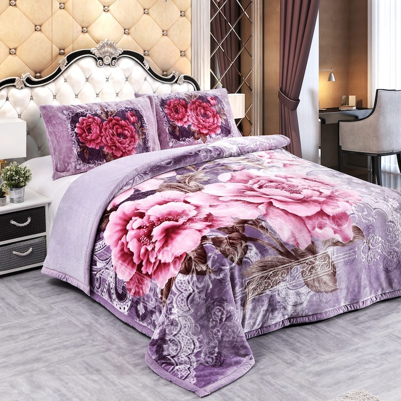 Ultra Plush Printed 3-piece Sherpa Borrego Comforter Set - Light Purple