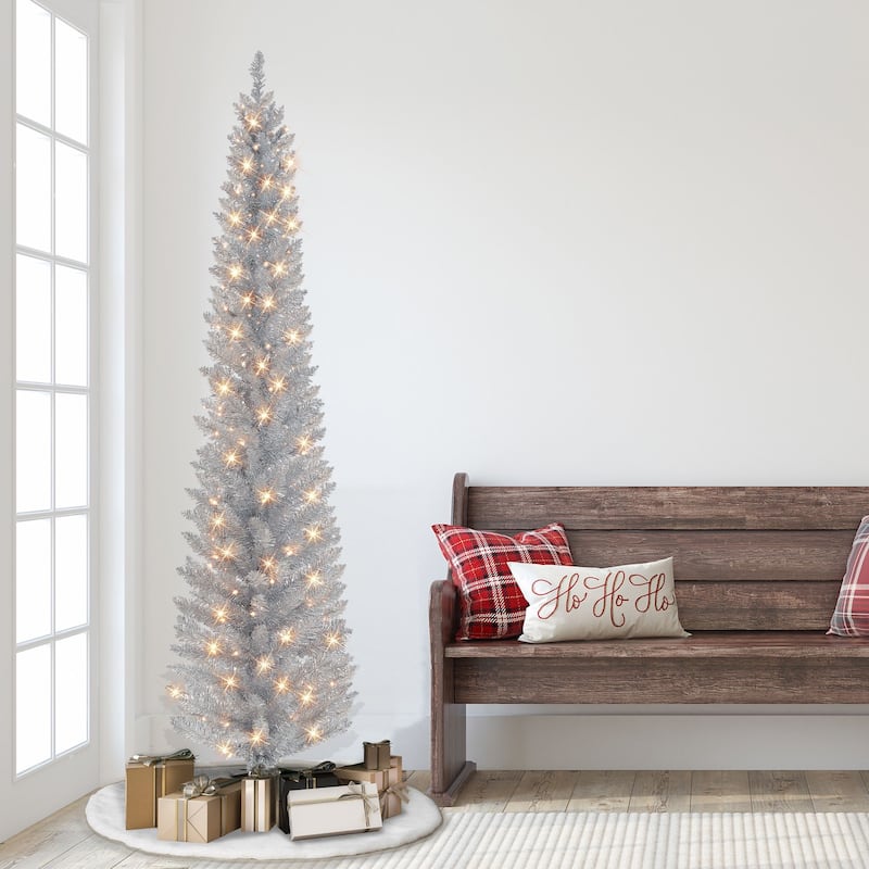Pre-lit Pencil Tinsel Silver Artificial Christmas Tree - 6’ - Clear Lights - 4 Foot