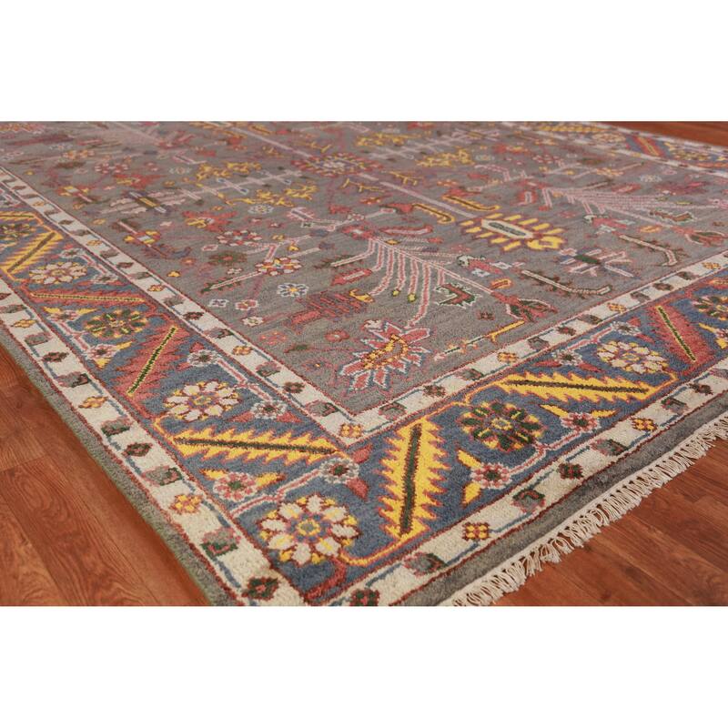 Hand Knotted Oriental 100% Wool Carpet Traditional Geometric Greys & Charcoal Heriz (serapi) Area Rug - 9' 10'' X 7' 11''