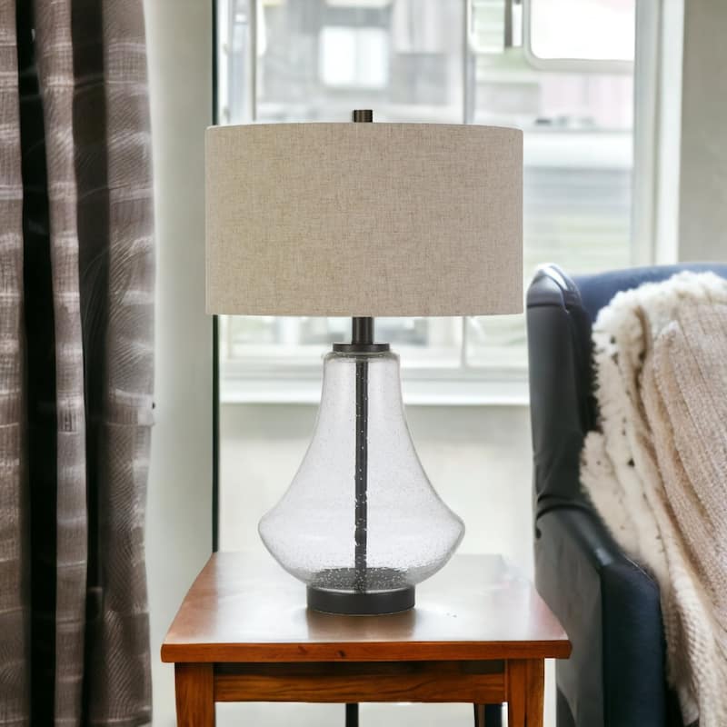 23" Coastal Glass Table Lamp with Linen Fabric Drum Shade and Metal Base for Bedroom or Living Room - 15"W x 15"D x 23"H