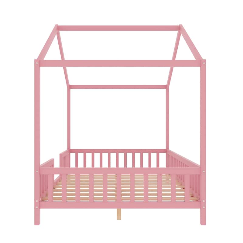 Montessori Toddler Bed Kids House Bed with Airy Canopy, Wood Bed Frame Bed Tent with 4 Full Guardrails, No Box Spring Needed