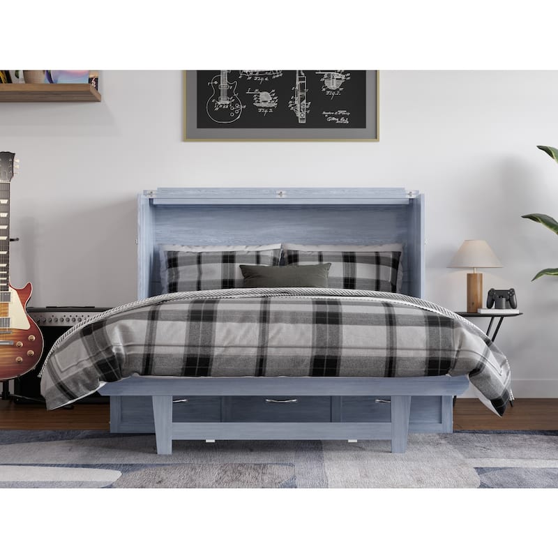 Full Murphy Bed Chest with Mattress & USB - Solid Wood Folding Bed - Driftwood Finish