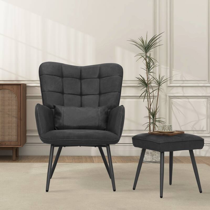 Maypex Upholstered Wing back Chair with Ottoman and Toss Pillow - Black