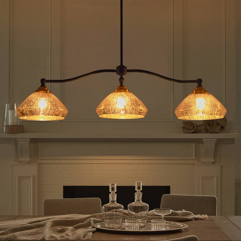 3-Light 39" W Industrial Black Linear Island Lights with Antique Brass Color Dome Glass Shade for Kitchen, Dining Room - Black/Gold - 39.37 in. W x 11.42 in. H x 9.84 in. D