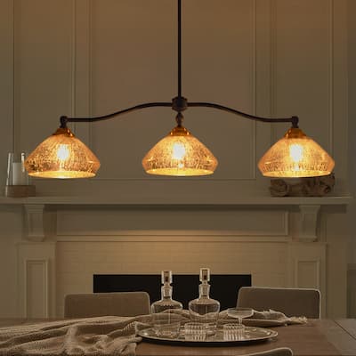 3-Light 39" W Industrial Black Linear Island Lights with Antique Brass Color Dome Glass Shade for Kitchen, Dining Room
