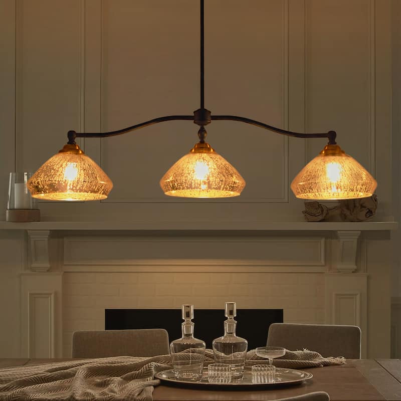 39" Modern Industrial Linear Black&Brass Finish 3-Light Kitchen Island Pendant with Electroplated Shattered Silver Glass Shades