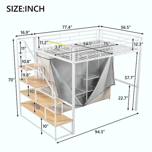 dimension image slide 0 of 4, Metal Loft Bed with Wardrobe and Storage Shelves