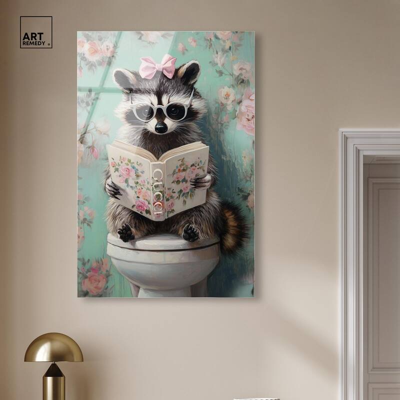 Petite Floral Toilet Raccoon Acrylic by Art Remedy, Ready to Hang