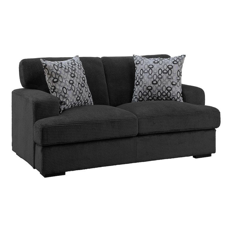 Meadow 68 Inch Loveseat, Gray Microfiber, 2 Pillows, Brown Solid Wood