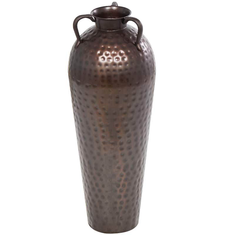 Metal Tall Floor Mediterranean Style Vase with Hammered Details and Handles - Brown - Roche River Decor - 10"W, 28"H