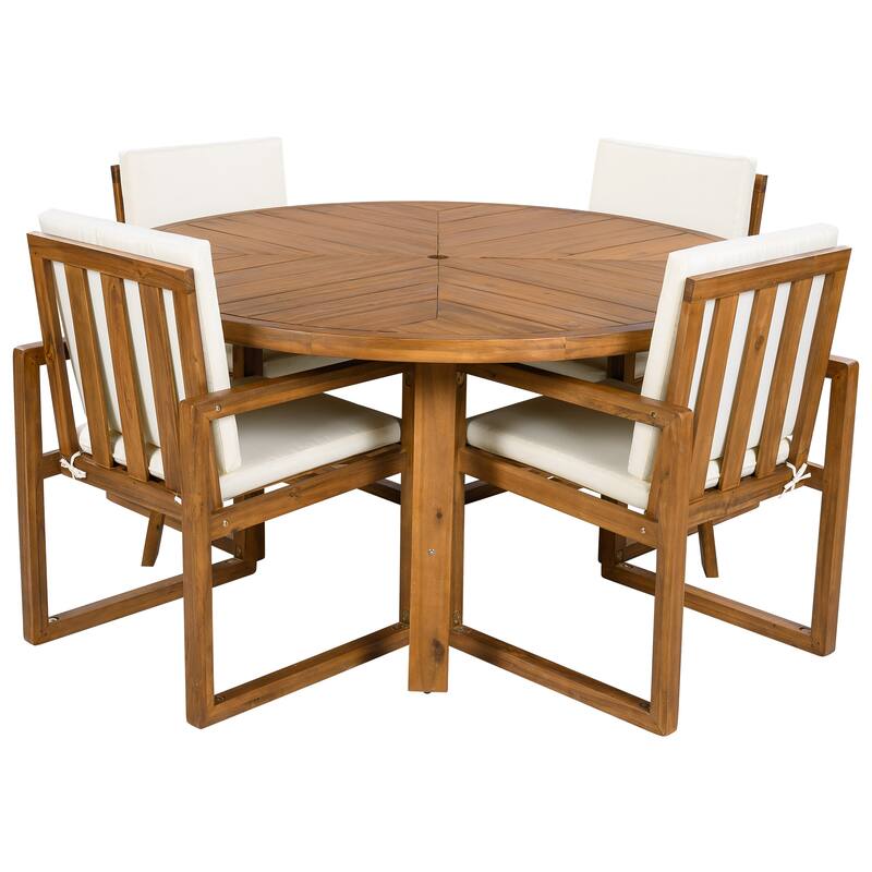 Roomfitters 5 Pcs Acacia Wood Outdoor Dining Set with Table & 4 Armchairs for Patio, Garden or Balcony, Beige