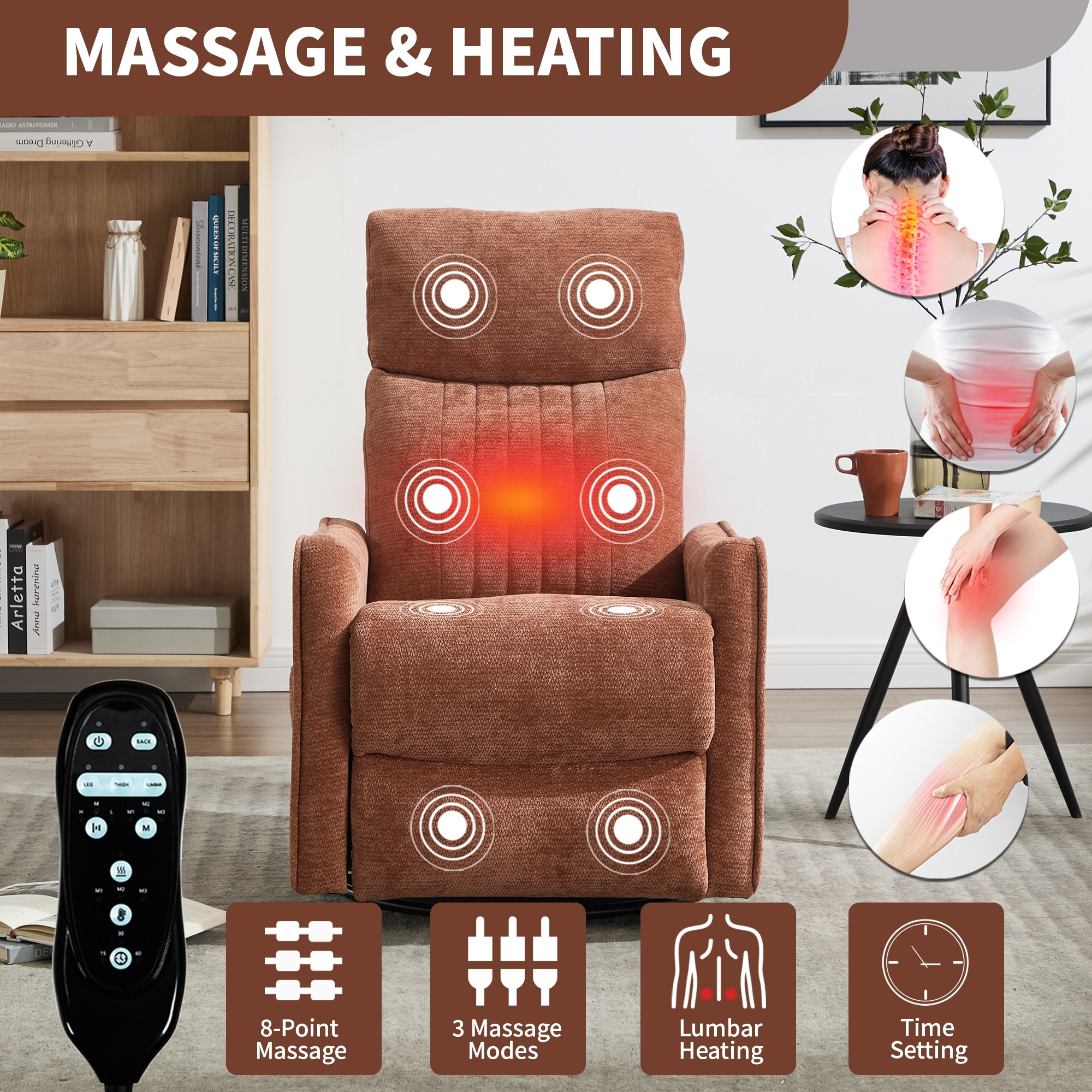 Chenille Rocker & Swivel Recliner, Heat Massage Chair with Heating