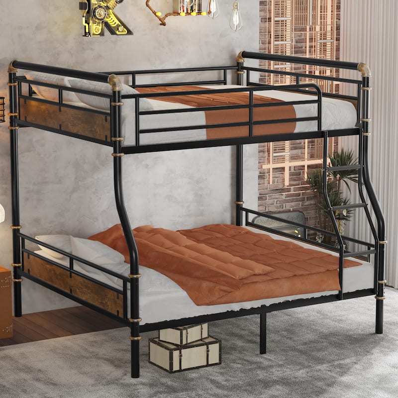 Industrial Full XL Over Queen Metal Bunk Bed with Safety Guard Rails, Black