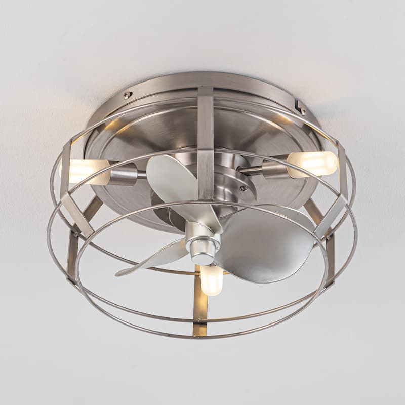 Industrial 3-Light Metal Caged Low Profile Ceiling Fan with Light