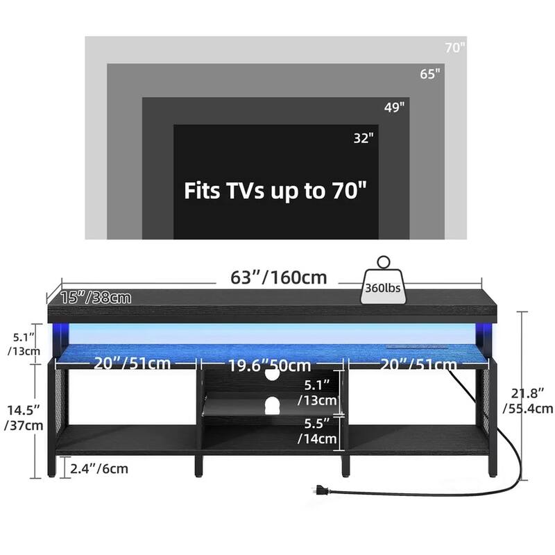 63"W LED TV Stand W/ Power Outlets for 70 inch Entertainment Center - 62 inches