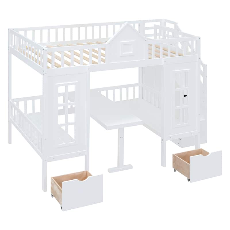 Full Size Wooden Loft Bunk Bed with Table, Seats, and Storage Shelves