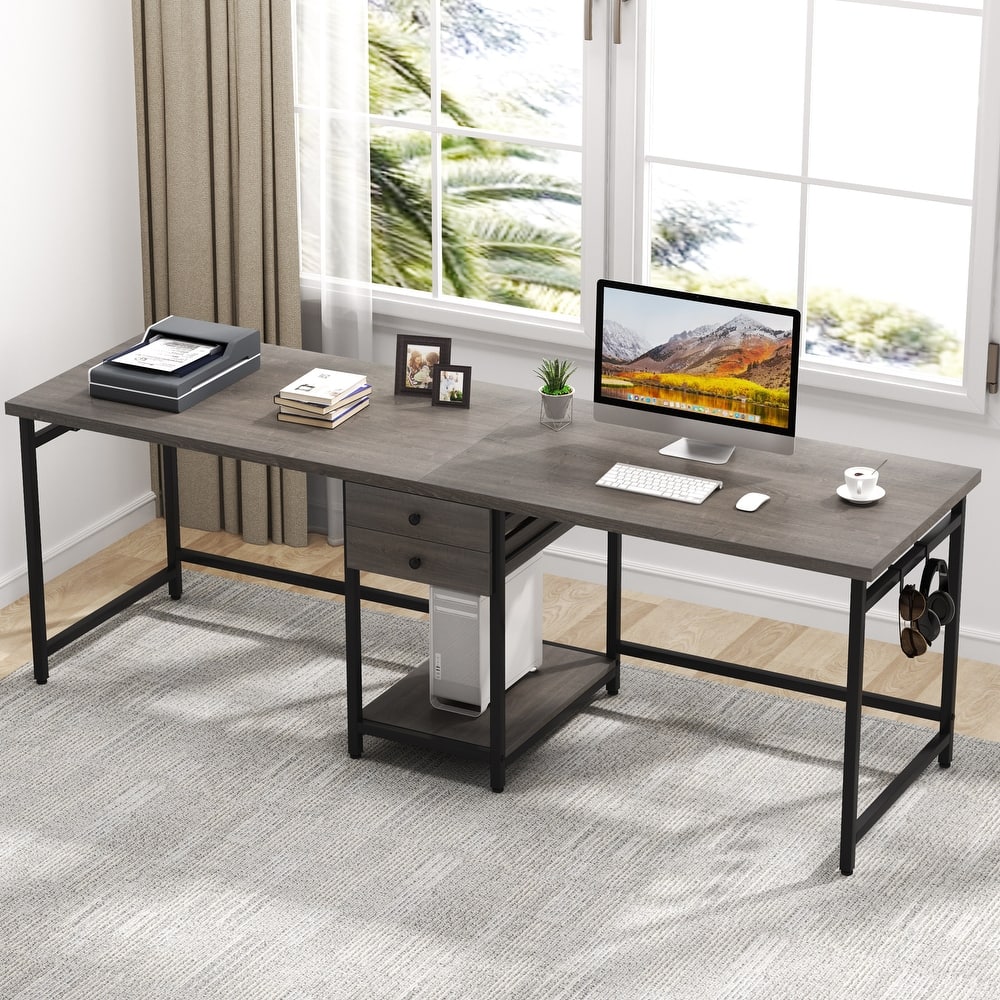 Extra Long Two Person Desk,Industrial Workstation for Home Office，78’’ Double Computer Desk with Drawers and Storage Shelves