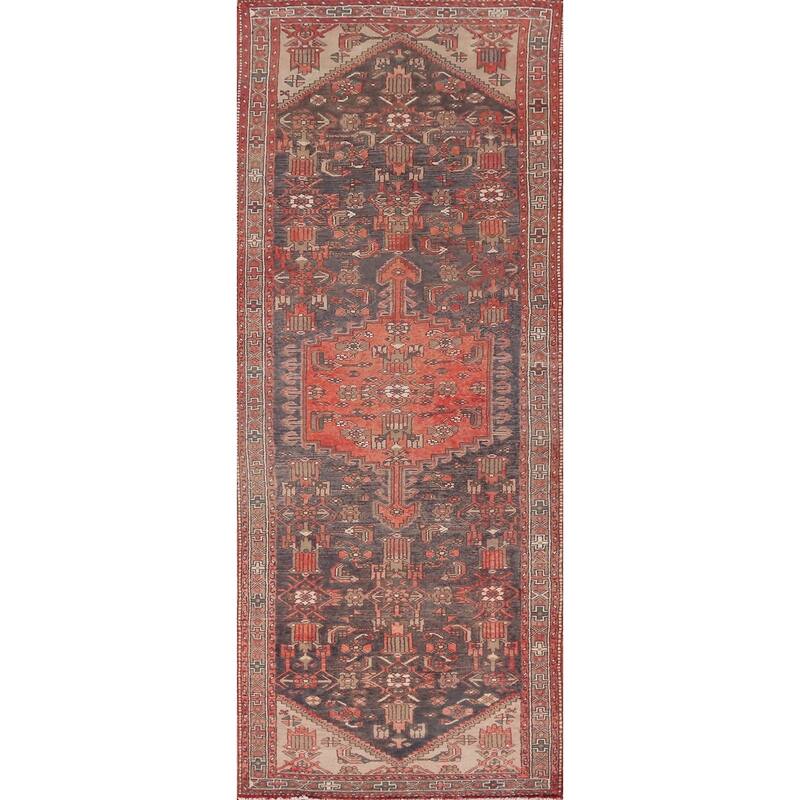Hand Knotted Oriental 100% Wool Carpet Traditional Geometric Navy Blue & Blues Hamedan Runner Rug - 10' 7'' X 3' 6''