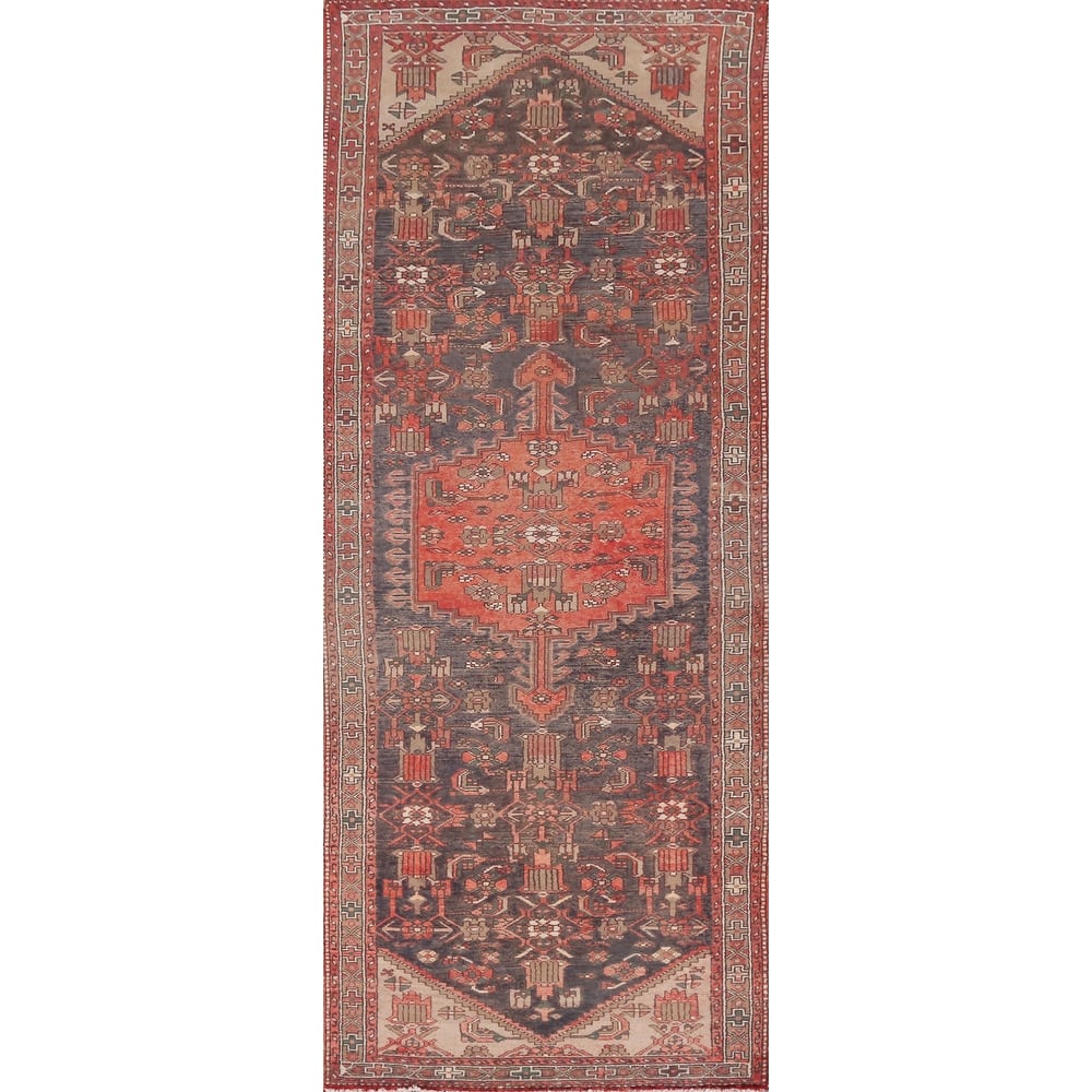 Hand Knotted Oriental 100% Wool Carpet Traditional Geometric Navy Blue & Blues Hamedan Runner Rug - 10' 7'' X 3' 6''