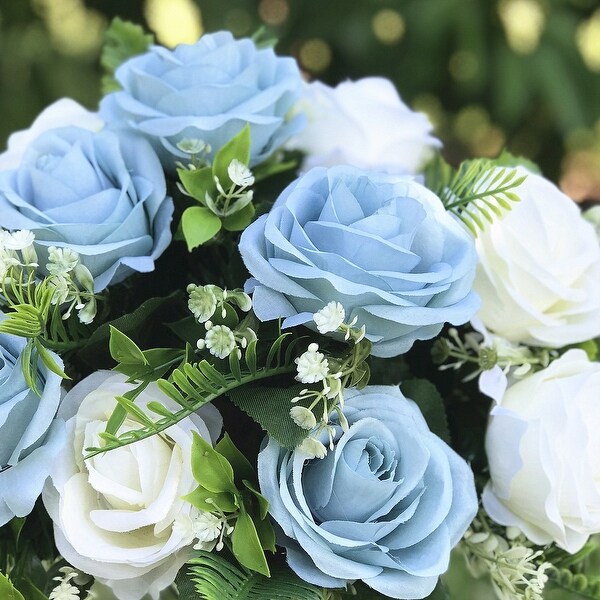 Enova Home Artificial 18 Heads Cream Blue Fake Silk Rose Flowers Arrangement in Clear Glass Vase with River Rock for Home Decor