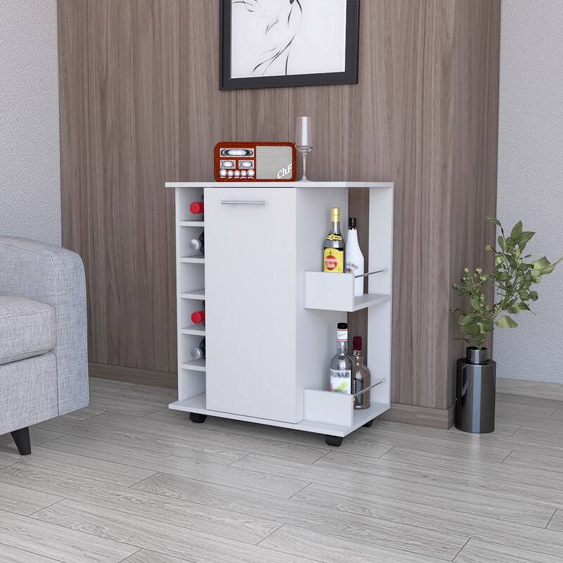 Woodland Bar Cart with Casters, Wine Rack and Open Shelf White - White