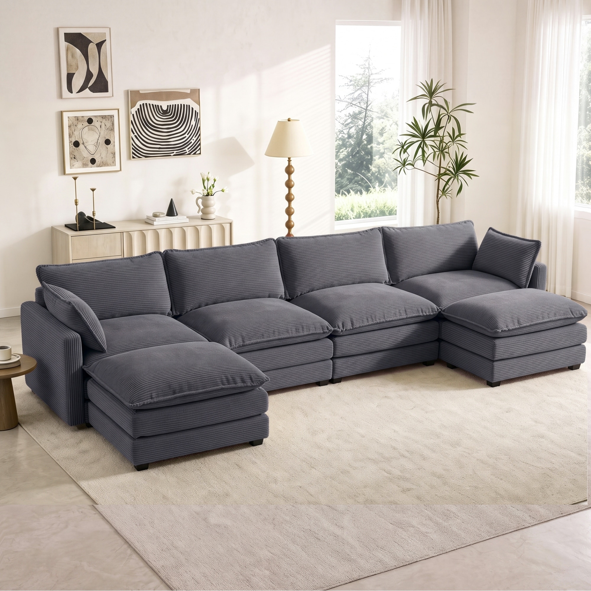 Corduroy Sectional Sofa with Removable Ottomans & Ultra-soft Cushions for Living Room & Bedroom