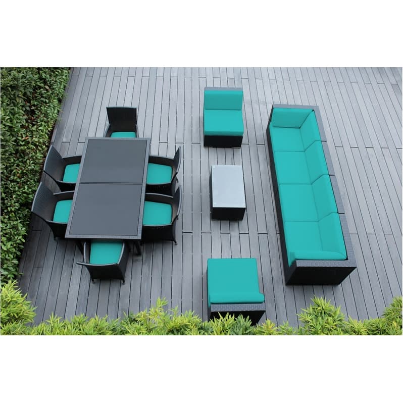 Ohana Outdoor Patio 14 Piece Black Wicker Sofa and Dining Set - Turquoise
