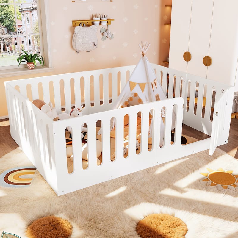 Toddlers Montessori Floor Bed with High Fence, Door, Low Profile Platform Bed Frame for Kids with No Box Spring Needed, No Slats - White - Queen
