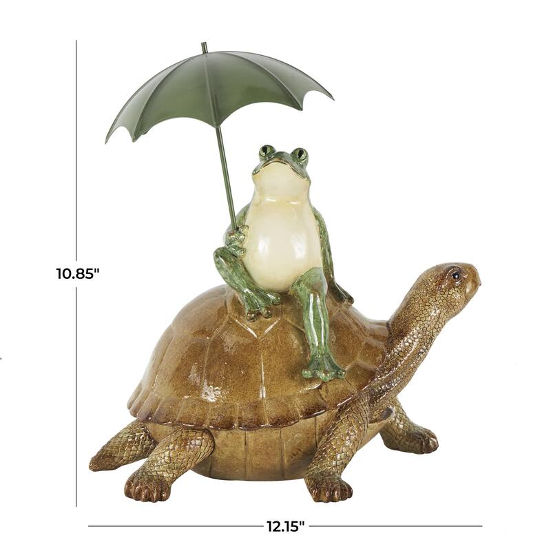 Resin Frog Sitting Decorative Sculpture with Umbrella and Brown Walking Turtle - Bronze - Roche River Decor