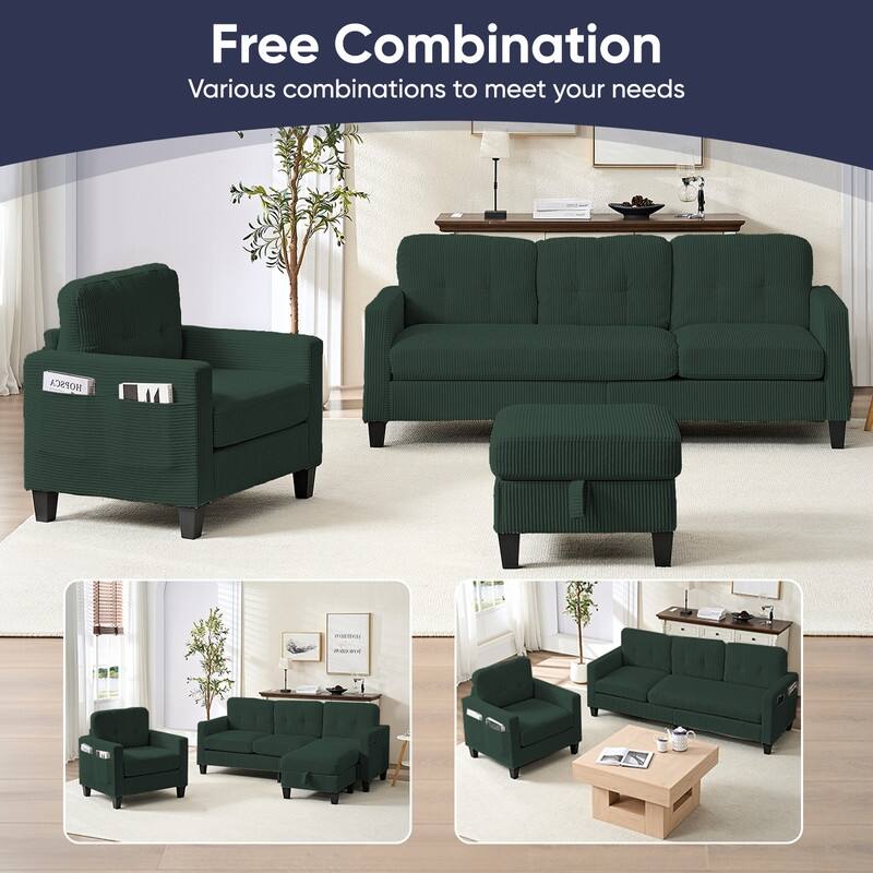 Mixoy 76'' L-Shaped Sofa Set,Corduroy Sectional Sofa,Mid Century 3-Seater Sofa with Storage Ottoman/Loveseat/Single Sofa