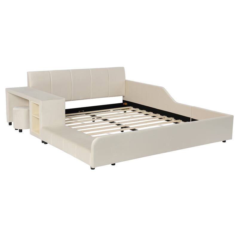 Roomfitters Full/Queen Size Upholstered Grounded Platform Bed with Bedside Desk and Round Stool, Velvet Fabric Bed Frame