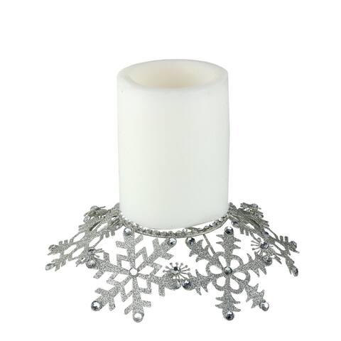 9" Silver Snowflake Glittered Jeweled Christmas Pillar Candle Holder