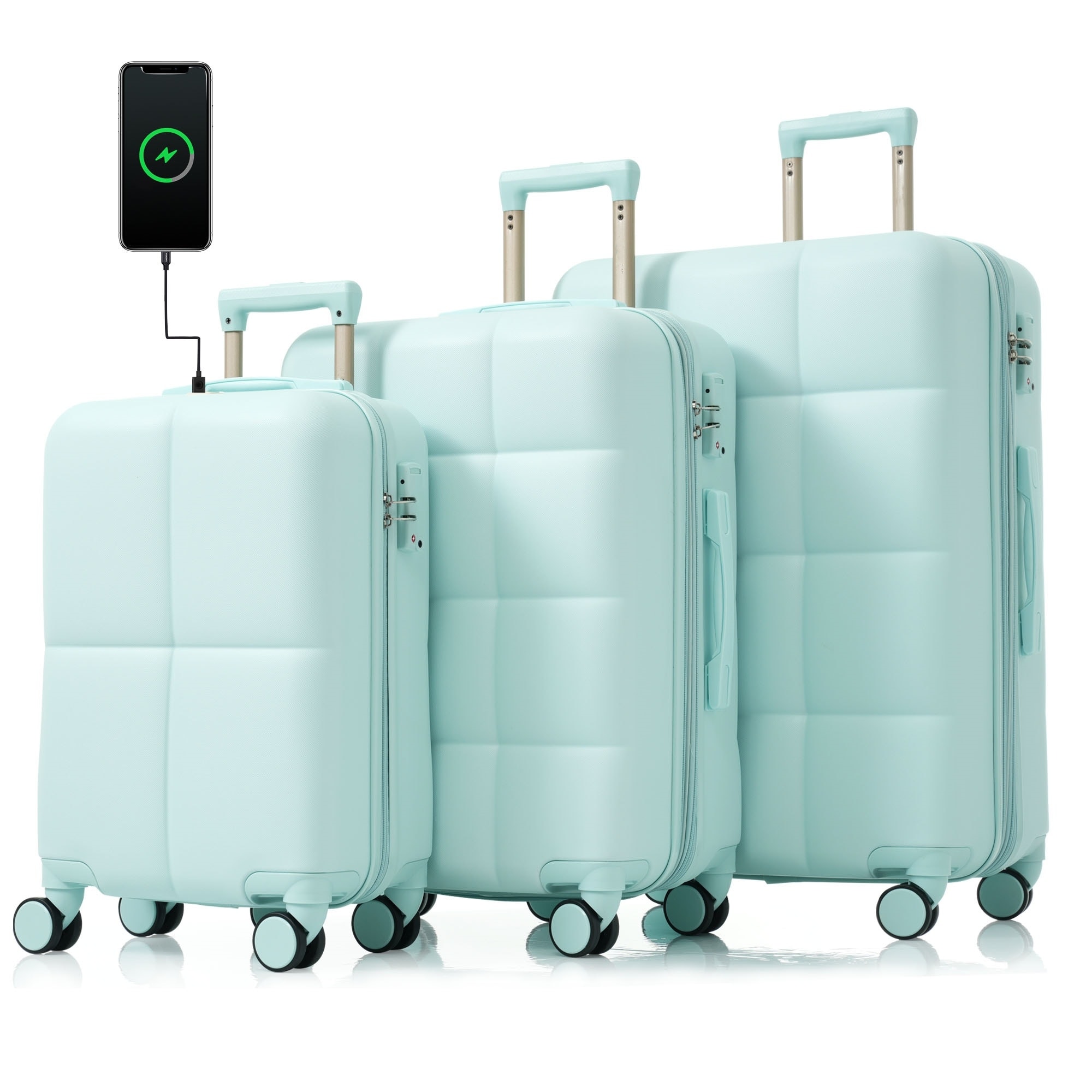 Carry On Expandable Luggage Set 3pcs ABS Hard Shell Luggage Smart Luggage Cup Holder USB Port Lightweight Luggage Mint Green On Sale Bed Bath Beyond 40834642