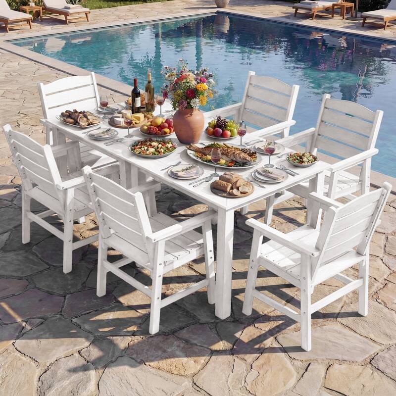 WINSOON 8-Piece HIPS All Weather Outdoor Patio Dining Sets 2-Tables and 6-Chairs - White