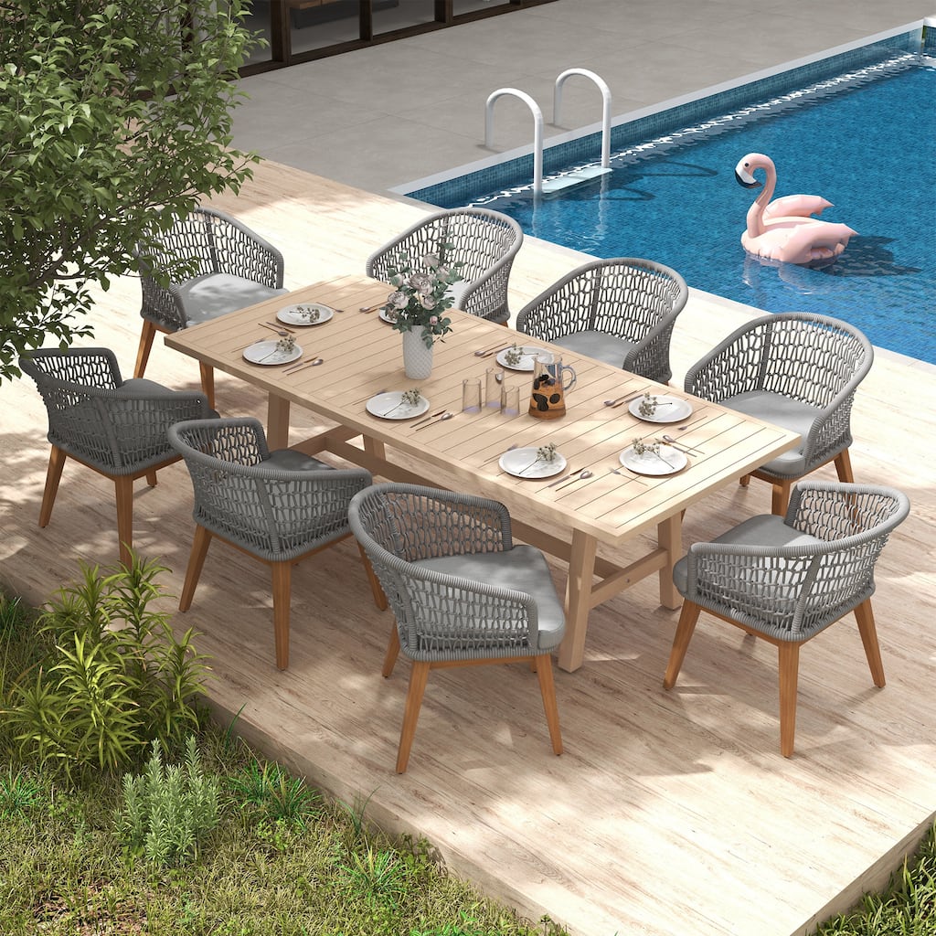 Outdoor 9-Piece Woven Rope Dining Chair and Wood Table Set