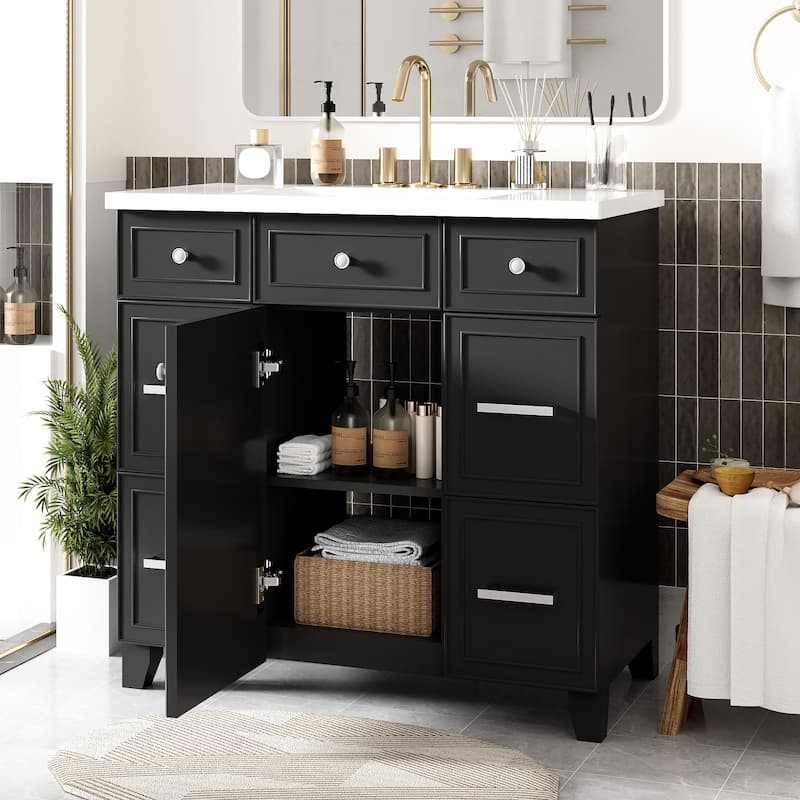 Bathroom Vanity with 3 Drawers and Soft-Close Door, Bathroom Cabinet with Sink, Restroom Vanity with Adjustable Shelf