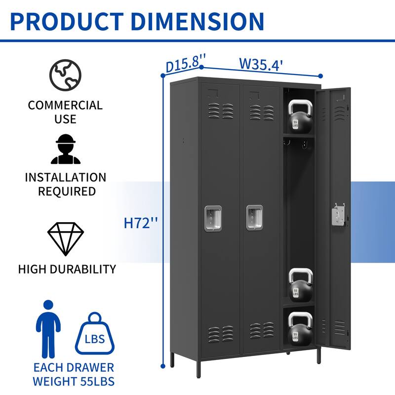 72"H Metal Lockers With 3 Door,Storage Cabinet With Lock for Employees,School,Gym